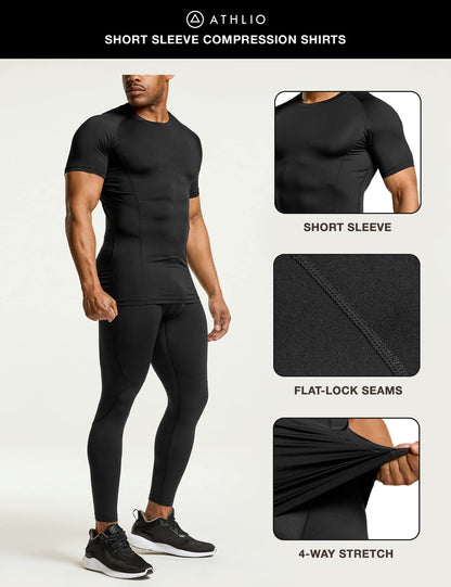ATHLIO Men's Cool Dry Short Sleeve Compression Shirts, Sports Baselayer T-Shirts Tops, Athletic Workout Shirt, 3pack Tops Black/Black/Black, Medium