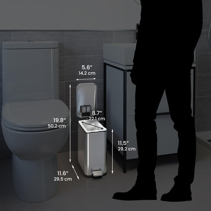 iTouchless SoftStep 1.3 Gallon Slim Bathroom Step Trash Can with Odor Filter & Removable Inner Bucket, Stainless Steel, 5 Liter Garbage Bin for Bathroom, Bedroom, Business, Home Office Cubicle