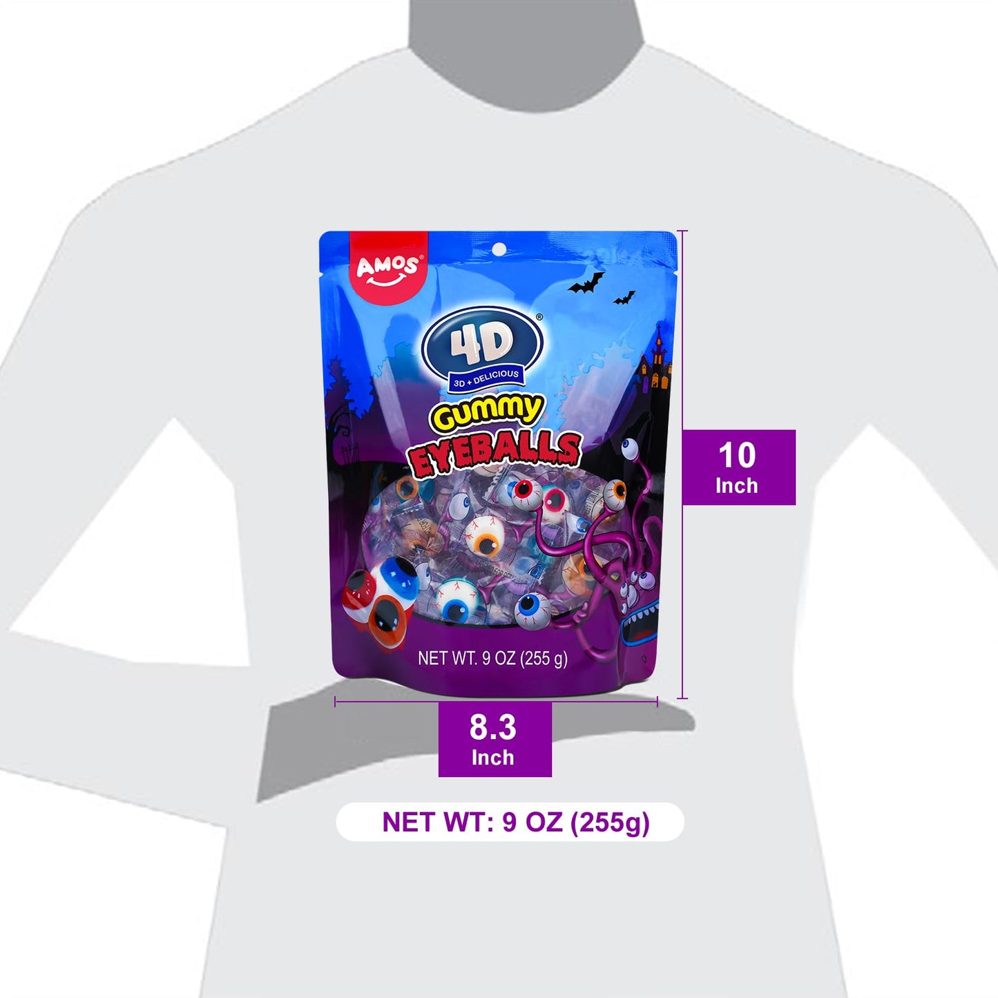 Amos Eyeball Gummy Candy – Halloween Gummy Eye Candy Treats for Kids & Parties, 3D Gummy Eyeballs, Individually Wrapped, 40 Count, 9oz Bag