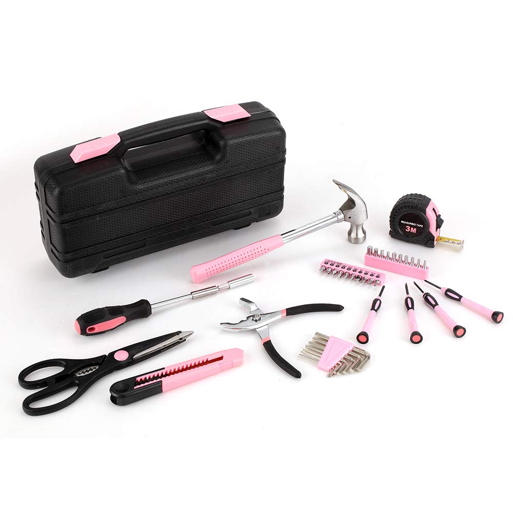39-Piece General Tool Set-Essential Household Hand Tool Kit with Portable Toolbox Storage Case（Pink）