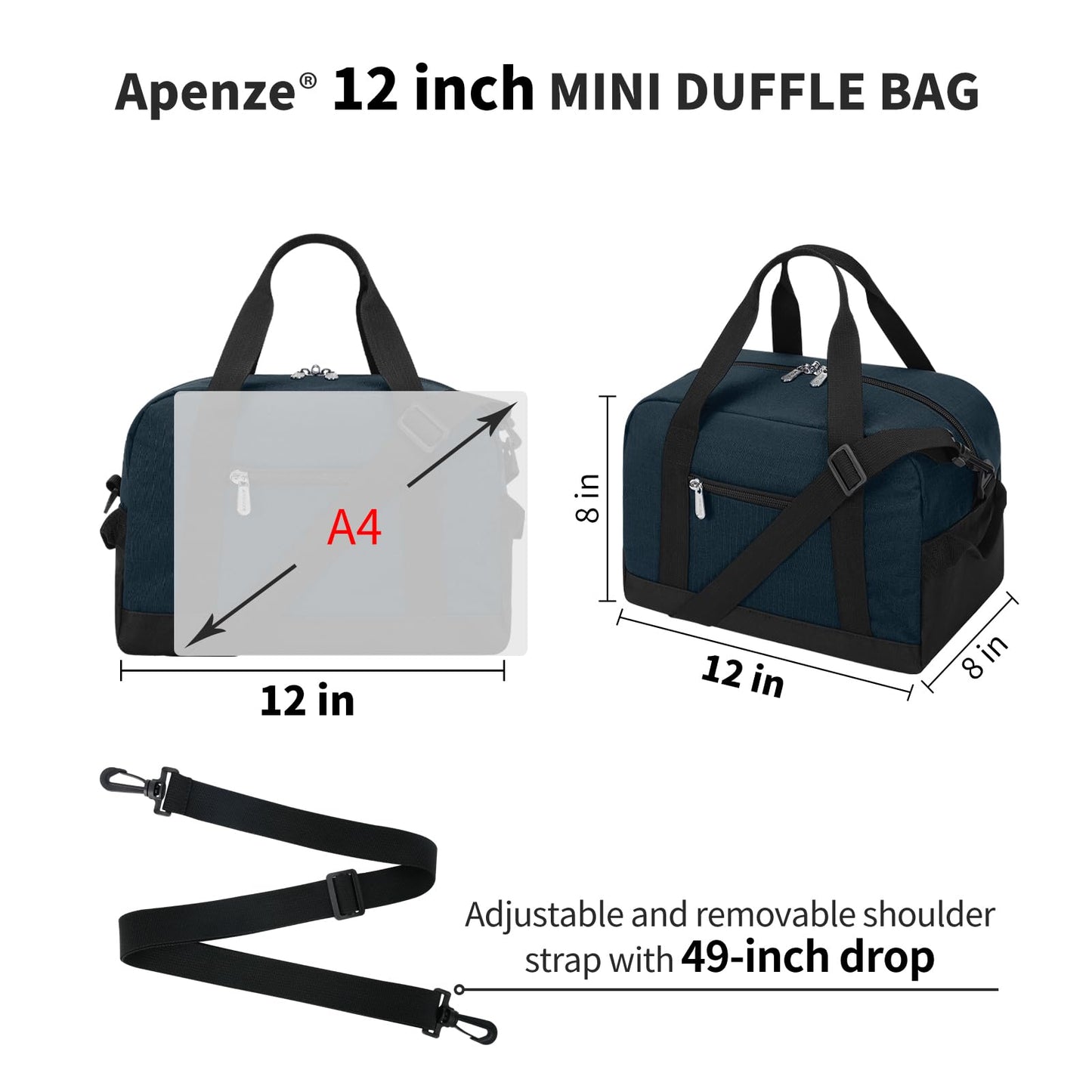 Apenze Small Gym Bag Carry On Bag - 12 in Mini Duffle Bag Lightweight for Overnight Travel（Navy Blue）