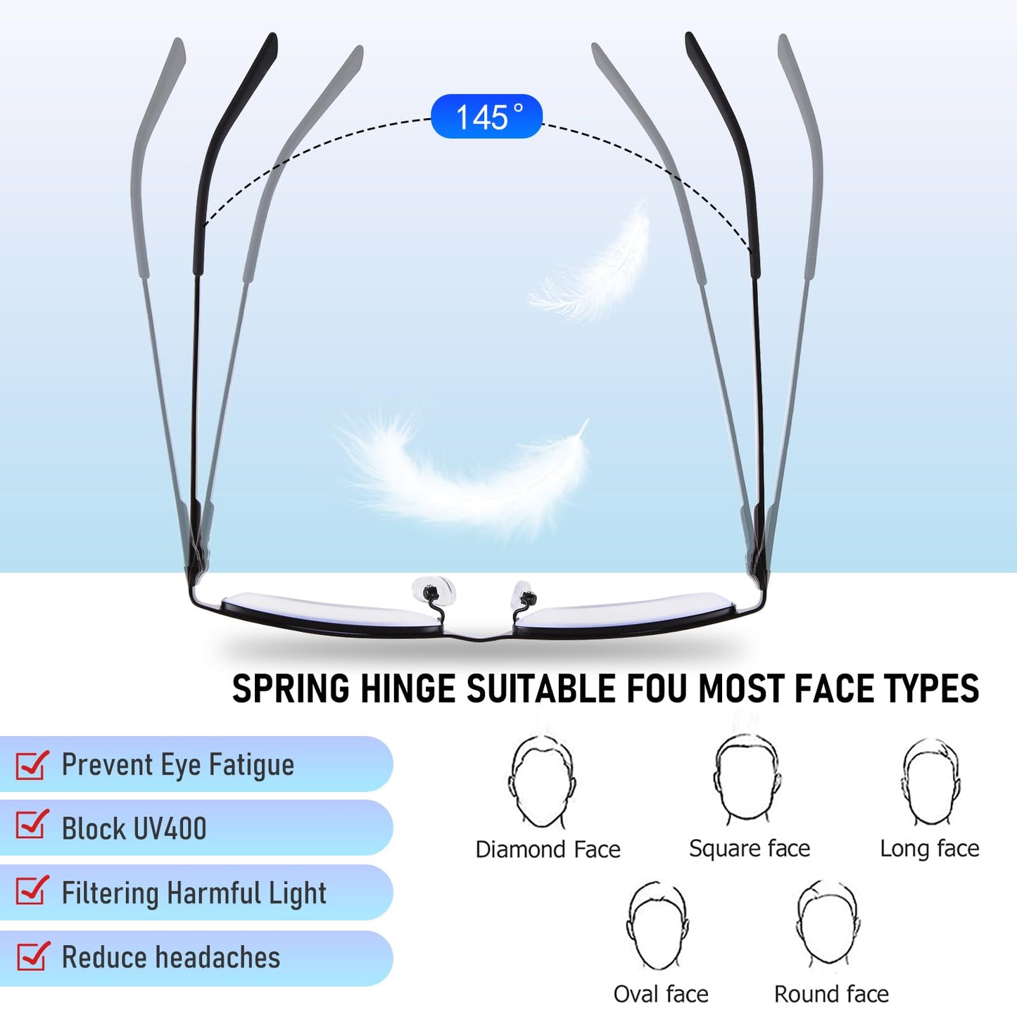 Anourney Blue Light Blocking Glasses, Lightweight Metal Half Frame Computer Reading/Gaming/TV/Phones Glasses,Filter UV Ray/Computer Glare with Spring Hinge Eyeglasses(2PCS Black)