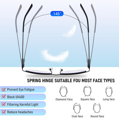 Anourney Blue Light Blocking Glasses, Lightweight Metal Half Frame Computer Reading/Gaming/TV/Phones Glasses,Filter UV Ray/Computer Glare with Spring Hinge Eyeglasses(2PCS Black)