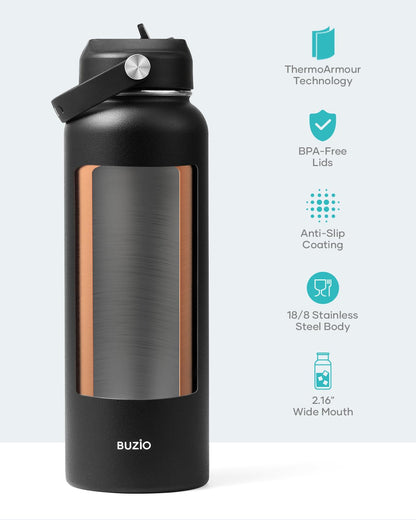 BUZIO 1180ml Insulated Water Bottle with Straw Lid and Flex Cap, 40oz Stainless Steel Drinking Bottle (Keep Cold 48 Hrs/Hot 24 Hrs) Metal Flask Leakproof Wide Mouth Thermo Canteen for Sports, Black