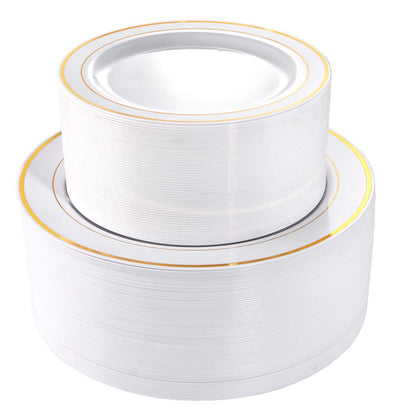 I00000 102 Pieces Gold Plastic Plates, Disposable Party Plates White Gold Rim, 51 Disposable Gold Dinner Plates 10.25 Inch and 51 Disposable Dessert Appetizer Elegant Fancy Wedding Plates 7.5 Inch
