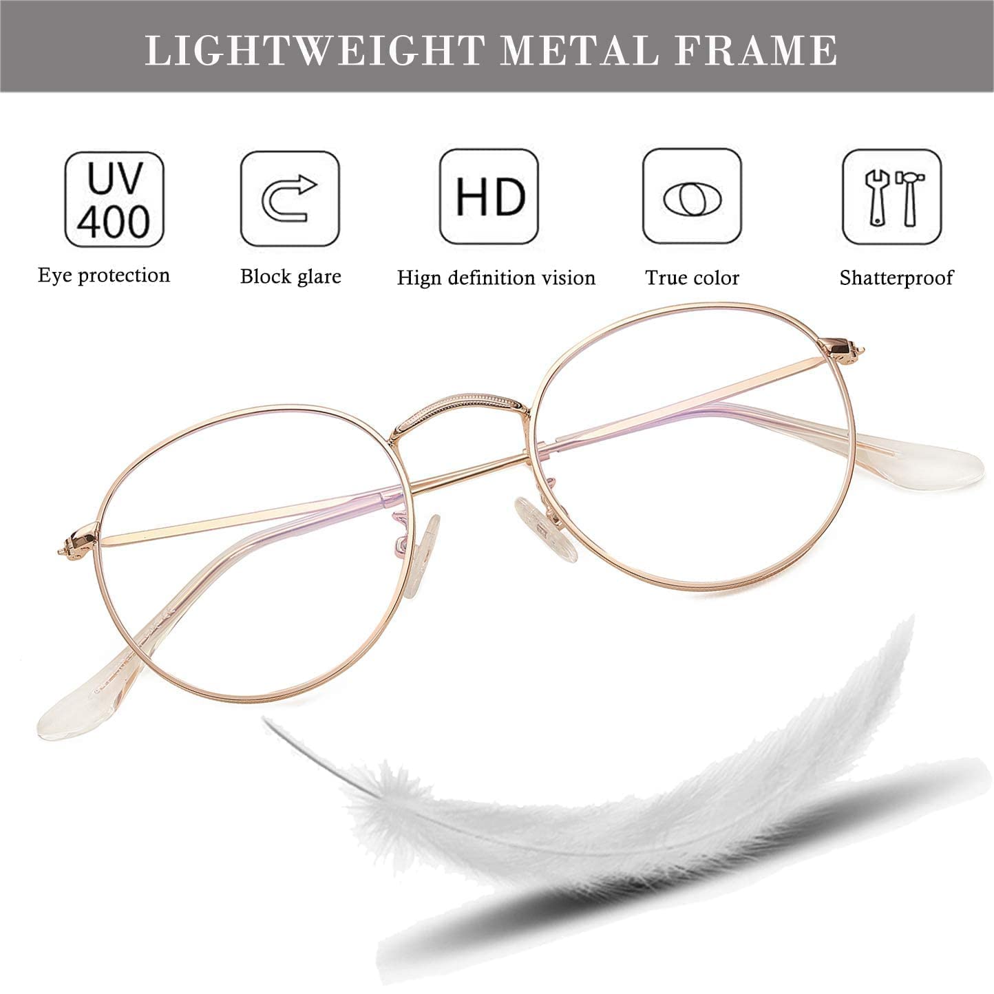 HJSTES Round Blue Light Glasses for Women Men Retro Circle Clear Lens Metal Frame Eyeglasses (Rose Gold)
