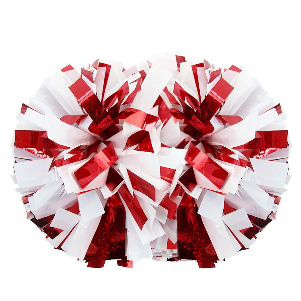Hooshing 2 Pack Cheerleading Pom Poms Holographic Red and White with Baton Handle for Team Spirit Sports Dance Cheering Kids Adults