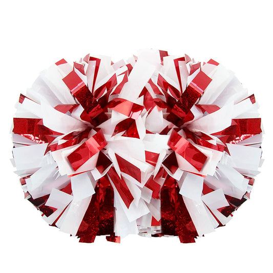 Hooshing 2 Pack Cheerleading Pom Poms Holographic Red and White with Baton Handle for Team Spirit Sports Dance Cheering Kids Adults