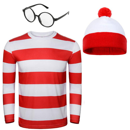 Adult Men Red and White Striped Tee Shirt Glasses Hat Outfit Suit Set Halloween Cosplay Costume Party Props (3X-Large, Adult Men)