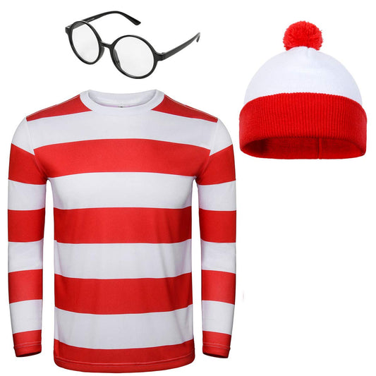 Adult Men Red and White Striped Tee Shirt Glasses Hat Outfit Suit Set Halloween Cosplay Costume Party Props (3X-Large, Adult Men)