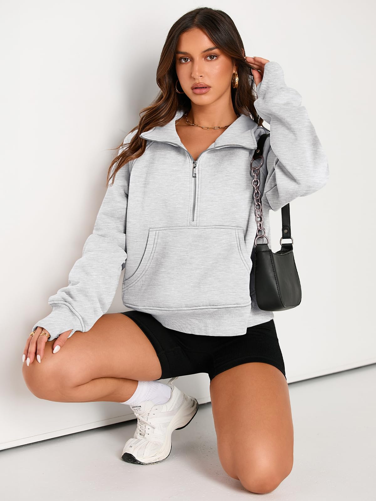 AUTOMET Womens Sweatshirts Half Zip Cropped Pullover Fleece Quarter Zipper Hoodies 2024 Fall Fashion Outfits Clothes Grey Large