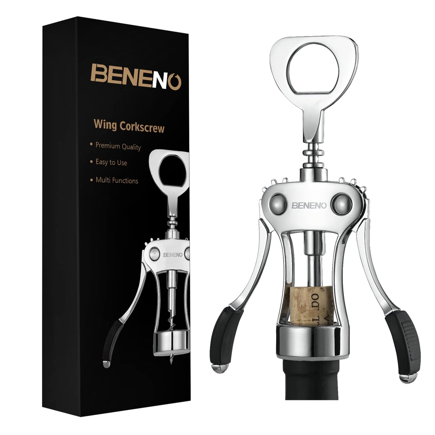 Beneno Wine Opener, Zinc Alloy Premium Wing Corkscrew with Multifunctional Bottles Opener, Sharp Wine Corkscrew with Ergonomic Non-Slip Wing Handle, Upgrade