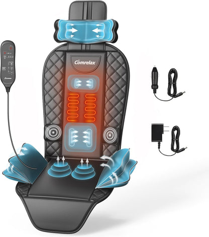 Back Massager with Heat & Traction & Vibration, Seat Massager Pad for Pain Relief Deep Tissue, Lumbar Traction, PU Leather, Foldable, for 5’ to 6’1”, Massage Chair Pad for Office Home