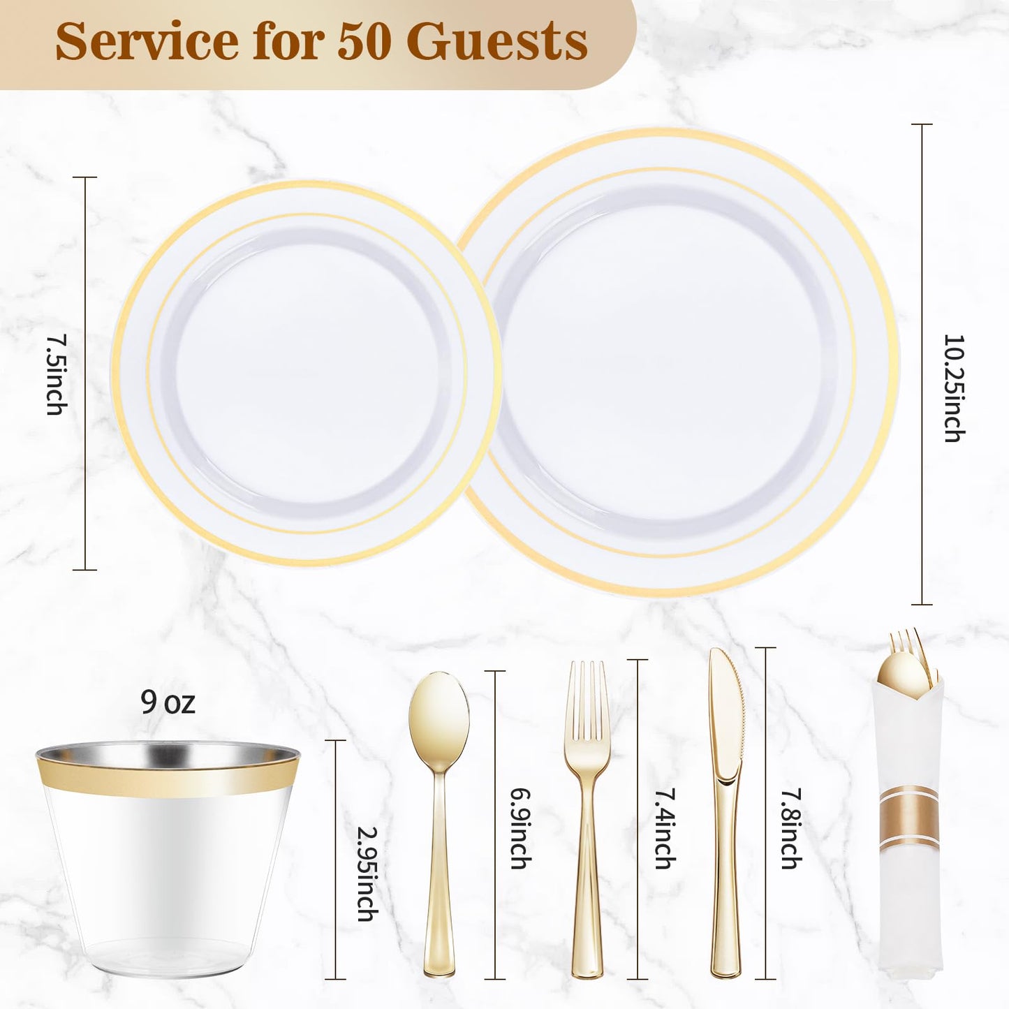 BESTVIP 350PCS Gold Plastic Dinnerware Set, Disposable Party Plates for 50 Guests, Include: 100 Plastic Plates, 50 Pre Rolled Napkins with Gold Silverware, 50 Cups