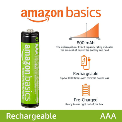 Amazon Basics Rechargeable AAA Batteries, 12-Pack, 800 mAh, NiMH Performance Batteries, Recharge up to 1000x Times, Pre-Charged