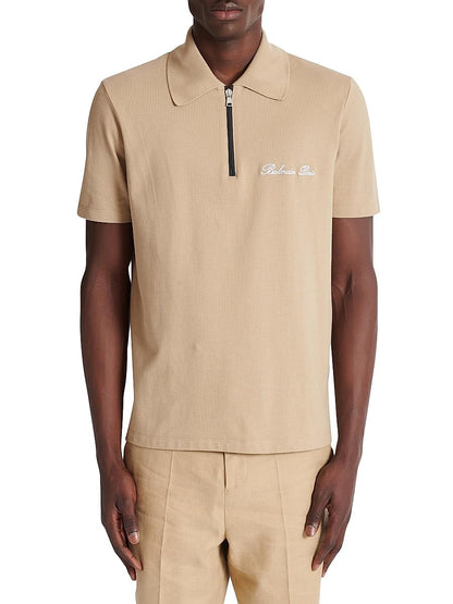 Balmain, Logo-Embroidered Cotton Quarter-Zip Polo Shirt, Small, Camel Blanc