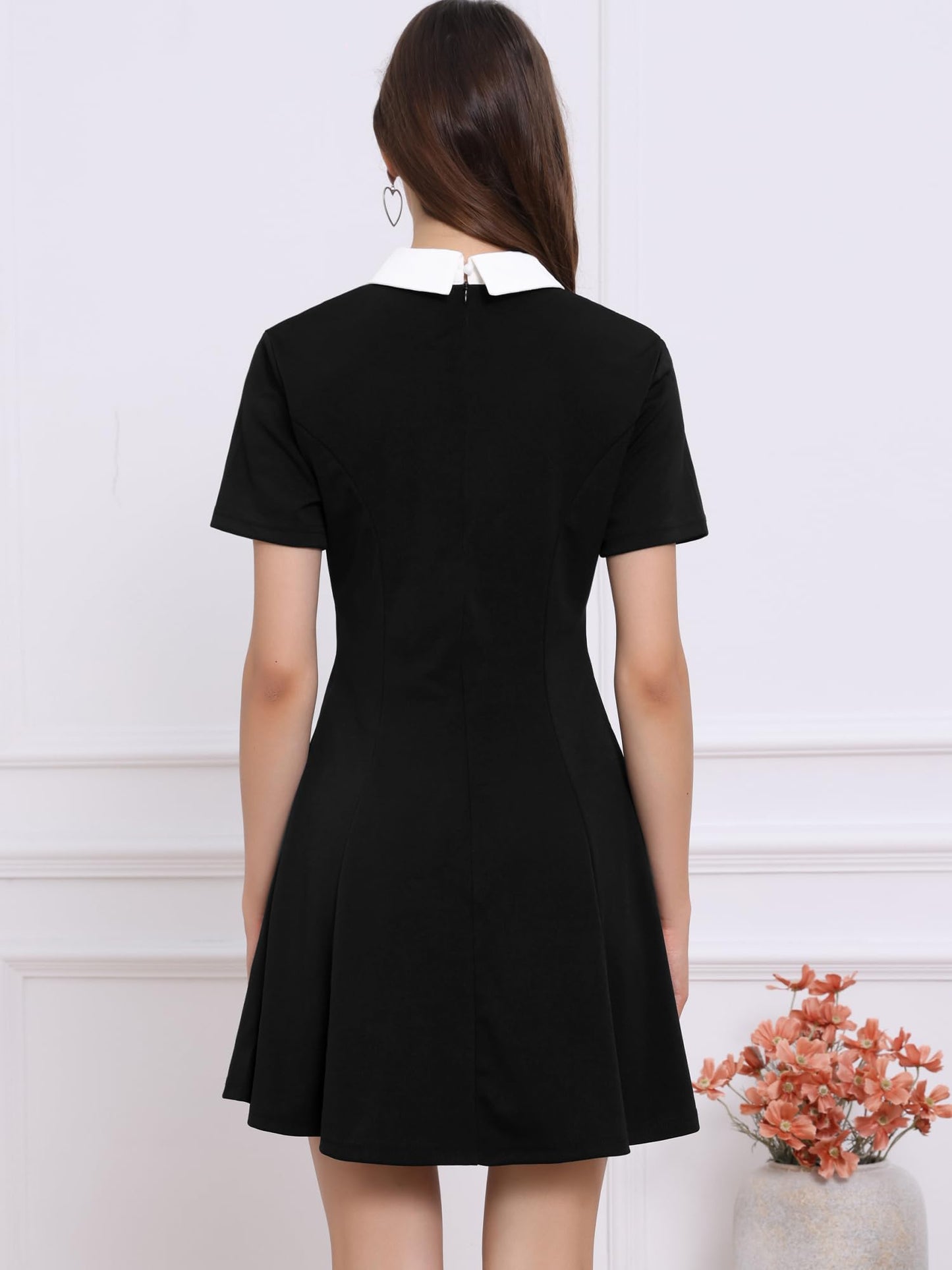Allegra K Women's Flare Dress Halloween Contrast Peter Pan Collar Short Sleeves Wednesday Addam Dresses Medium Black