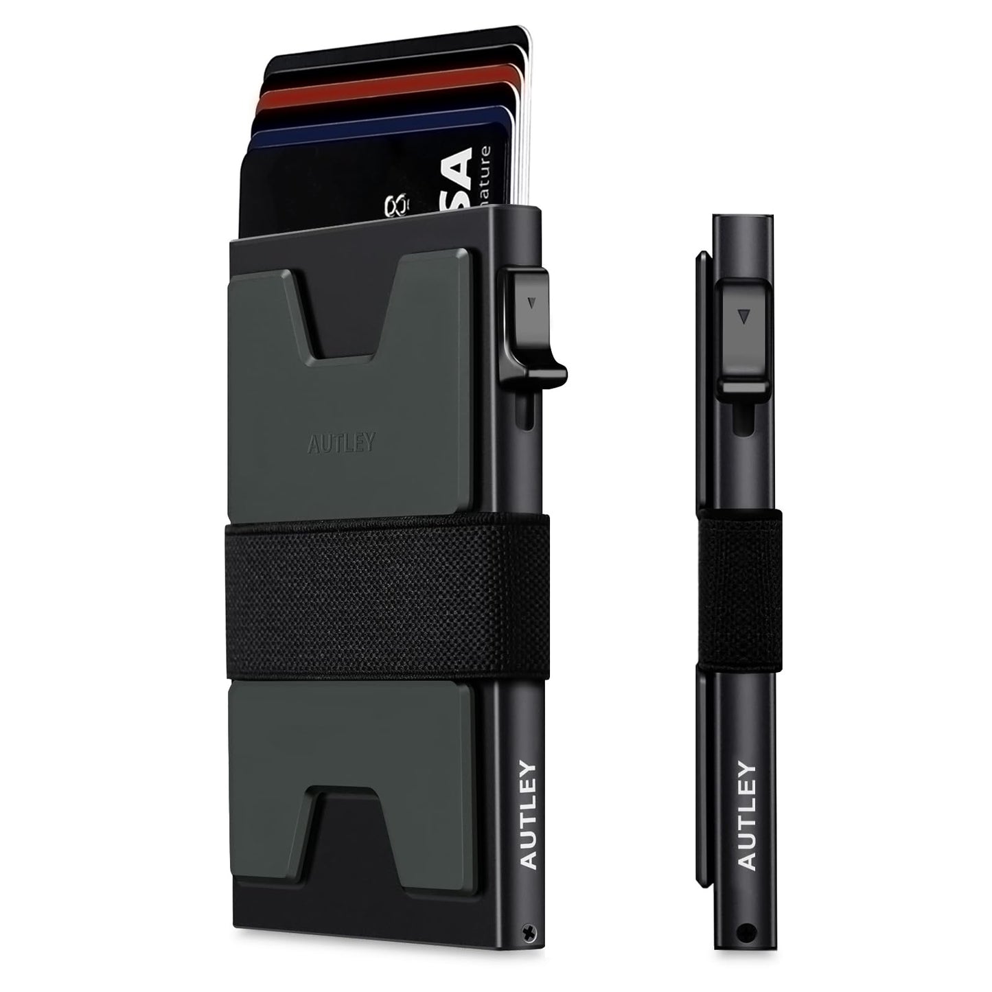 AUTLEY Slim Card Holder, Minimalist Pop Up Wallet for Men, RFID Blocking Mens Wallet with Cash Band (Black)