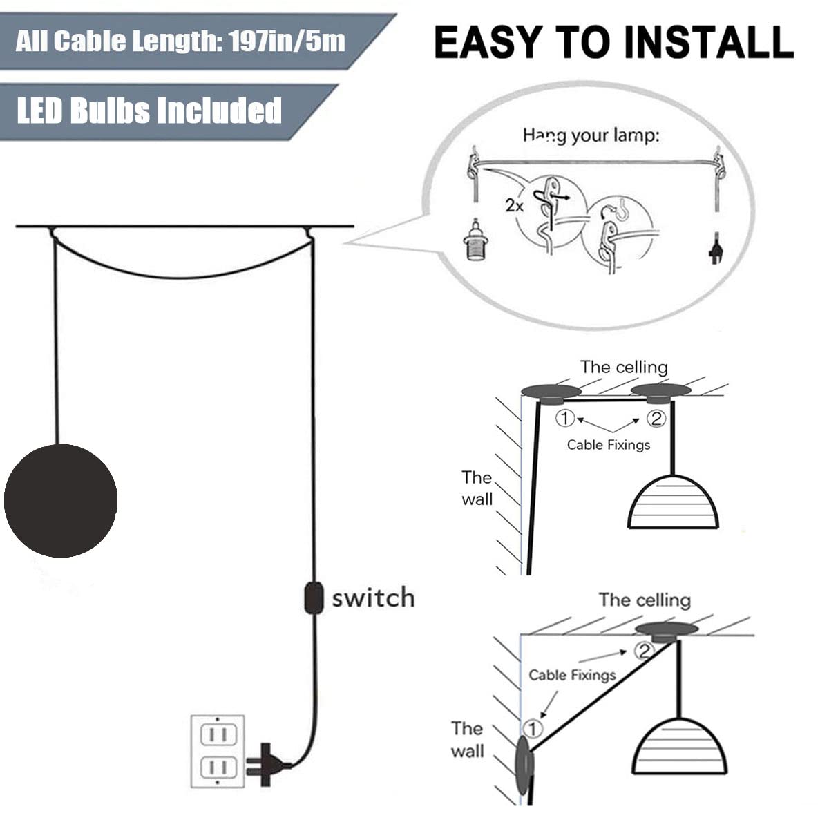 HFUGUD Plug in Pendant Lighting with Cord,Hanging Lamps That Plug Into Wall Outlet White,16.4Ft Hanging Light Cord with Switch,3D Paint Hanging Moon Light for Kids Room(Bulb Included)