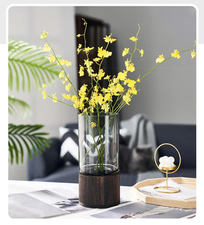 Artistic Wood Glass Vase, 10" H, Wooden Base Cylindrical Flower Vase, Classic Boho Rustic Style for Fireplace Bedroom Kitchen Living Room Centerpieces Office Desk