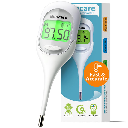 Boncare 9 Seconds Basal Body Thermometer for Ovulation, Oral Thermometer for Adults and Kids - Accurate Rectal Thermometer for Baby, with Fever Alarm and Large Display, FSA HSA Eligible (Rice-White)