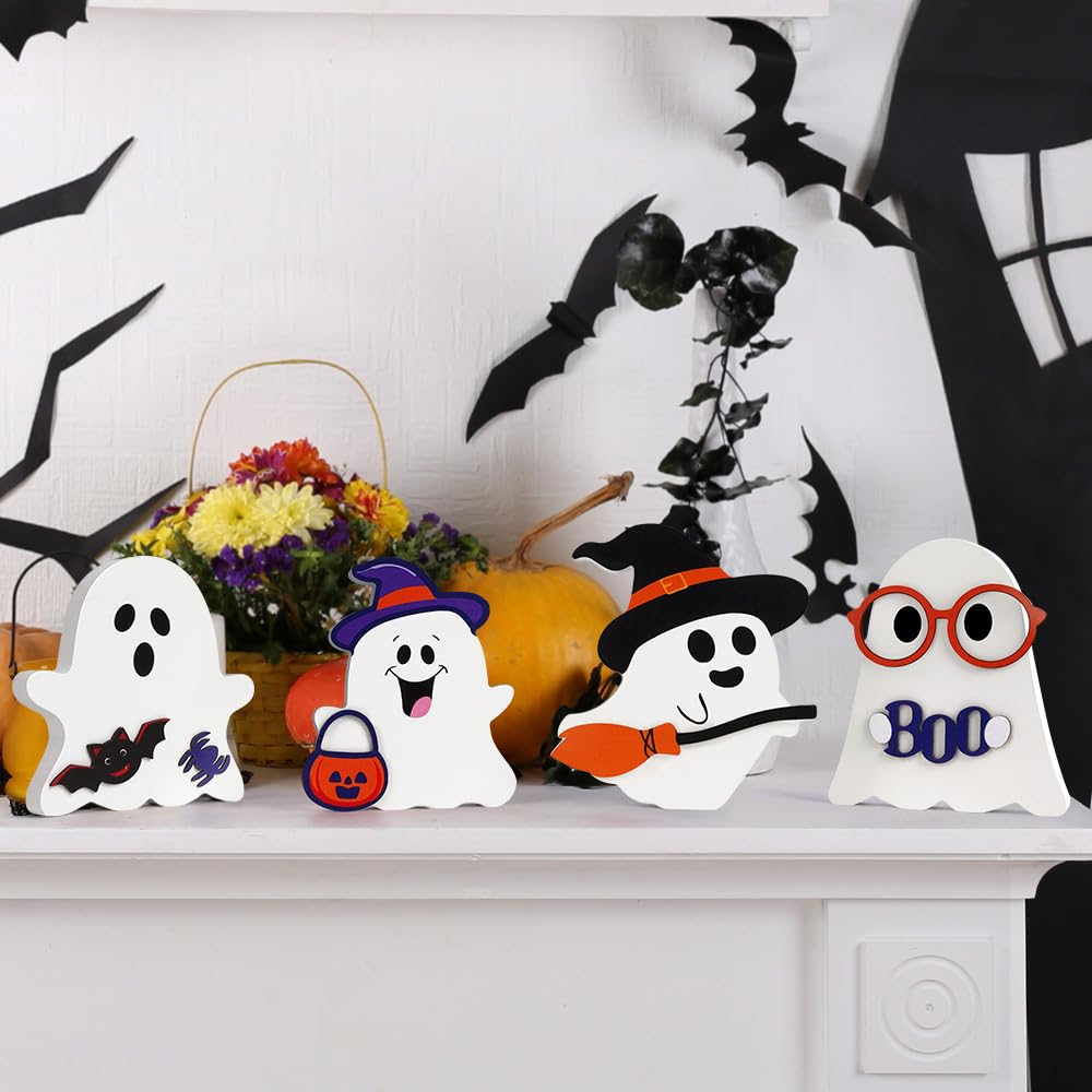 AKEROCK Cute Halloween Decorations Indoor - Halloween Decor/Ghost Decor, 4 PCS Wooden Ghost Halloween Signs for Table, Office Desk, Tiered Tray, Fireplace Mantle - Spooky Halloween Ghost Decorations
