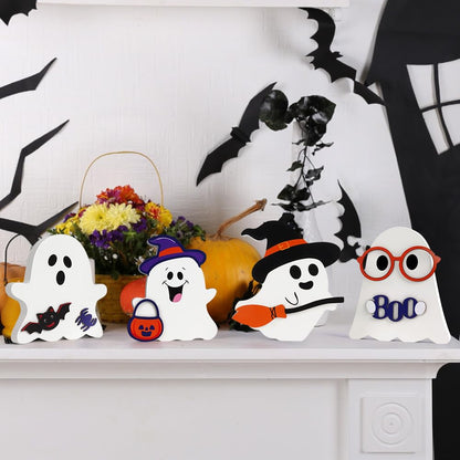 AKEROCK Cute Halloween Decorations Indoor - Halloween Decor/Ghost Decor, 4 PCS Wooden Ghost Halloween Signs for Table, Office Desk, Tiered Tray, Fireplace Mantle - Spooky Halloween Ghost Decorations