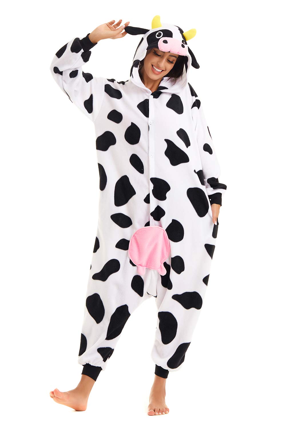 CANASOUR Christmas Cow Onesie Halloween Pajamas For Women Couples Adult Animal Custom With Udders Unisex Anime Cosplay Costumes (Cow,Large)