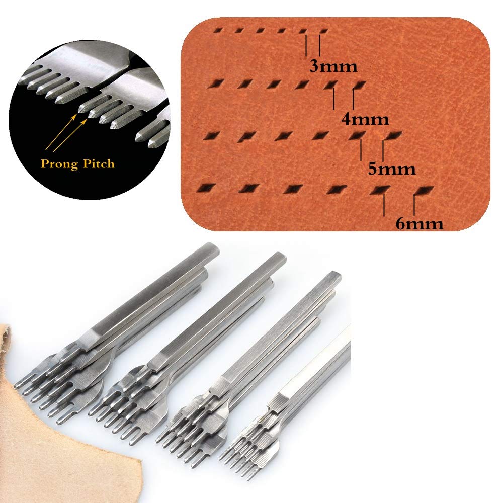 Aiskaer Leather Stitching Punch Set, Diamond Chisel Tools, 4mm White Steel 1/2/4/6 Prong for Leather Craft DIY