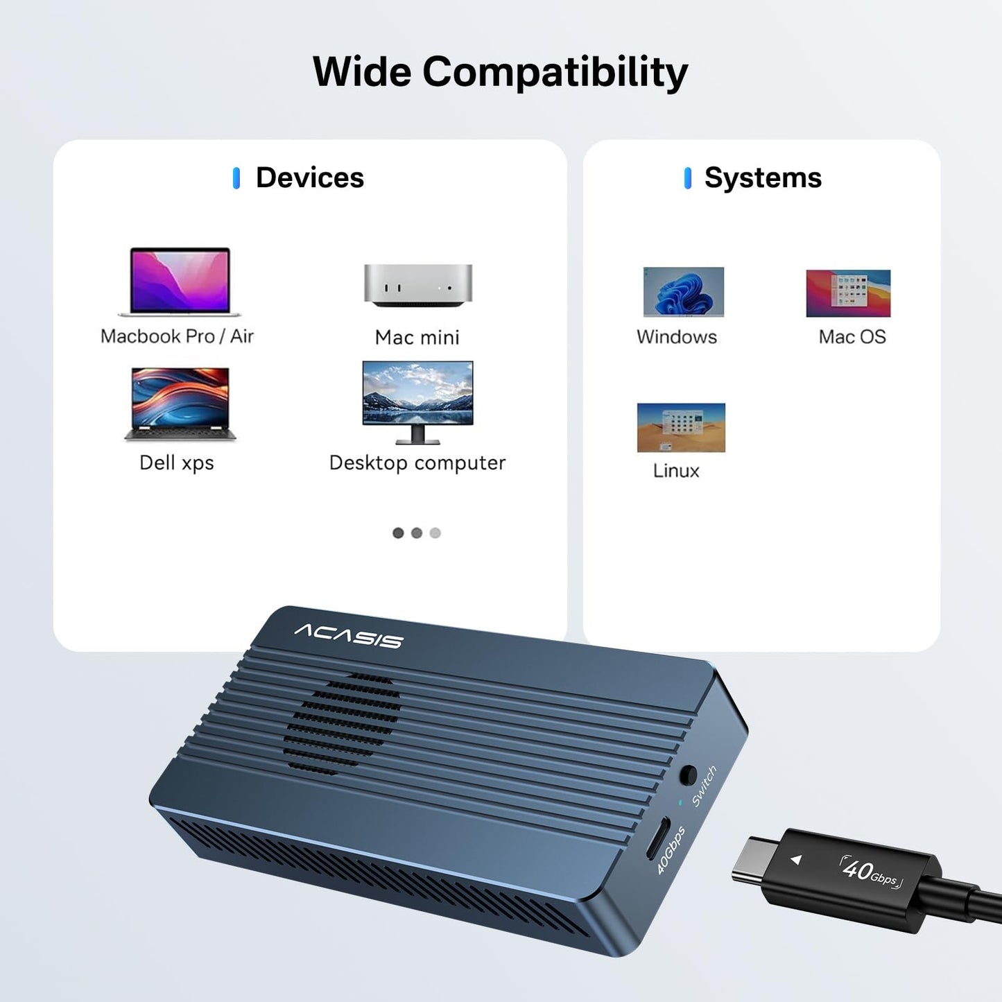 ACASIS 40Gbps M.2 NVMe SSD Enclosure with Cooling Fan, External SSD Eclosure Drive for Mac mini M4/M1 M2 Pro/Max, Compatible with Thunderbolt4/3/USB4/3.2/3.0/2.0 (Enclosure Only)