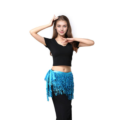 Belly Dance Hip Scarf Sequin Tassel Skirt Performance Outfits Sparkly Fringe Wrap Halloween Costume Party Rave Festival for Women and Girls, Blue