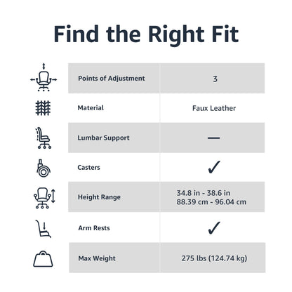 Amazon Basics Office Computer Task Desk Chair with Padded Armrests, Mid-Back, Adjustable, 360 Swivel, Rolling, 275 Pound Capacity, 24.2"D x 24"W x 34.8"H, Black Faux Leather