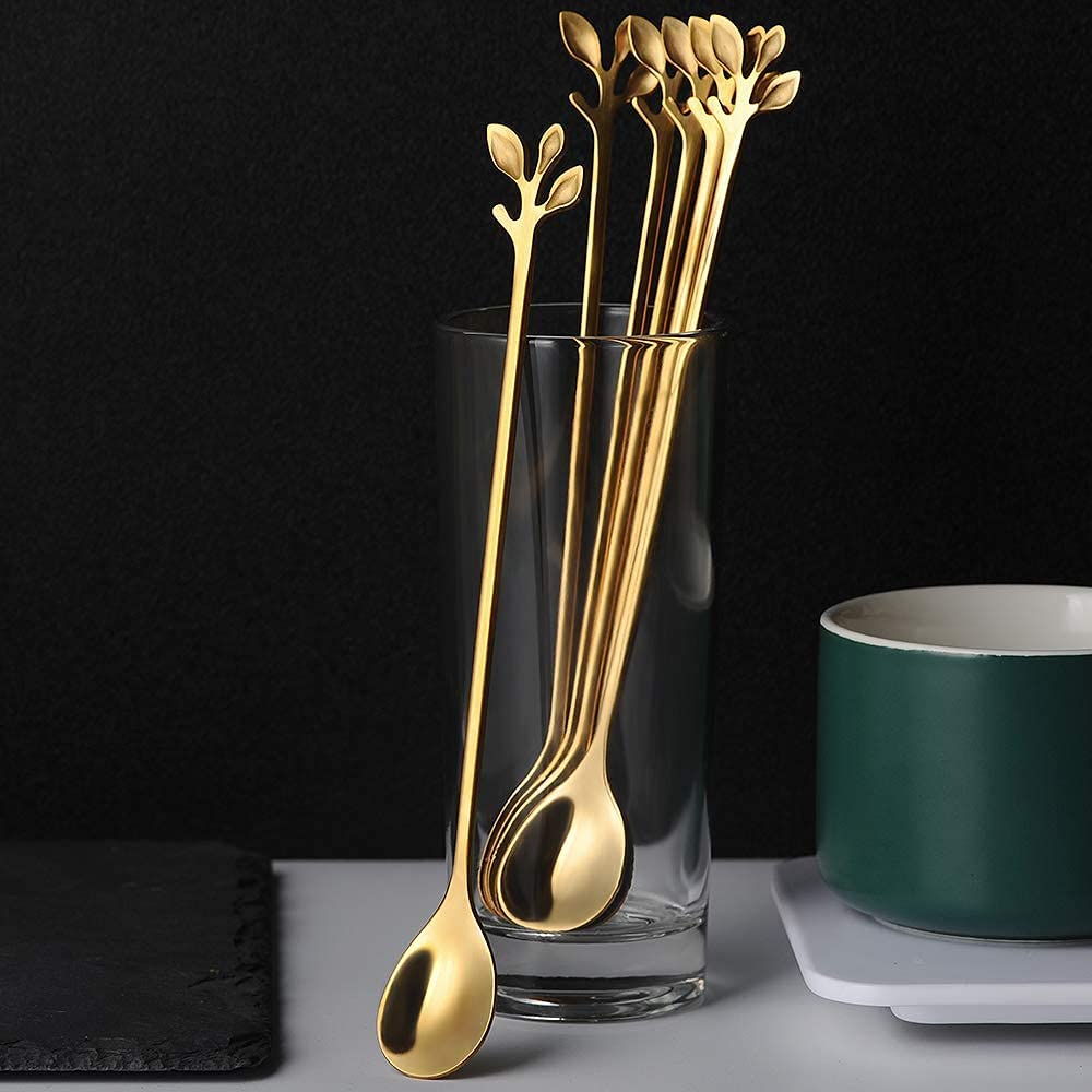 AnSaw 6-Piece Elegant Gold Leaf Long Handle Teaspoons - 7.4" Stainless Steel Stir Spoons for Coffee & Tea, Perfect for Mixing & Stirring