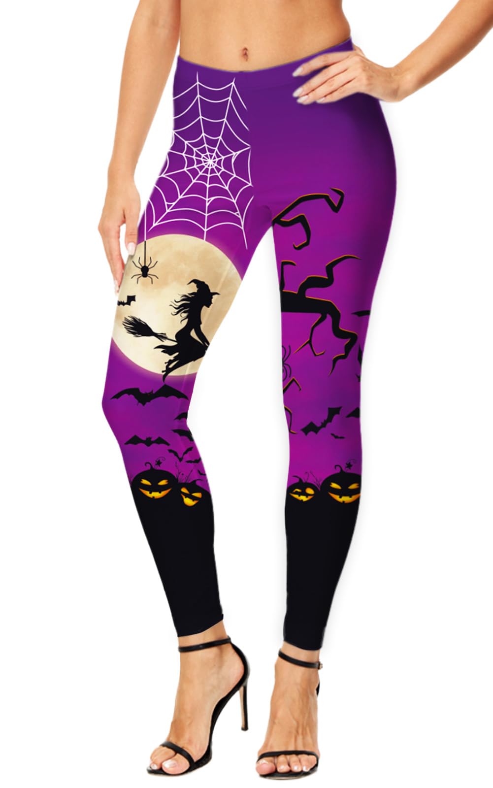 Women Halloween Leggings Scary 3D Printed Witch Purple High Waist Stretchy Tight Pants L