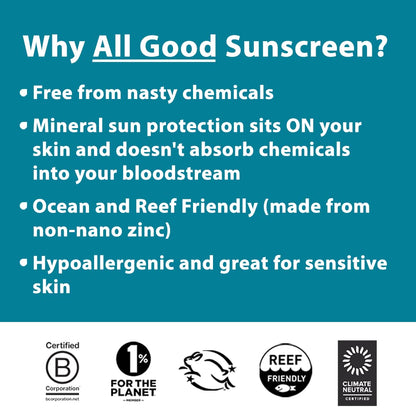 All Good Sunscreen - Zinc Oxide Sunscreen - Travel Size SPF 50+, Water Resistant for Face, Nose, Ears 1 oz (2-pack)