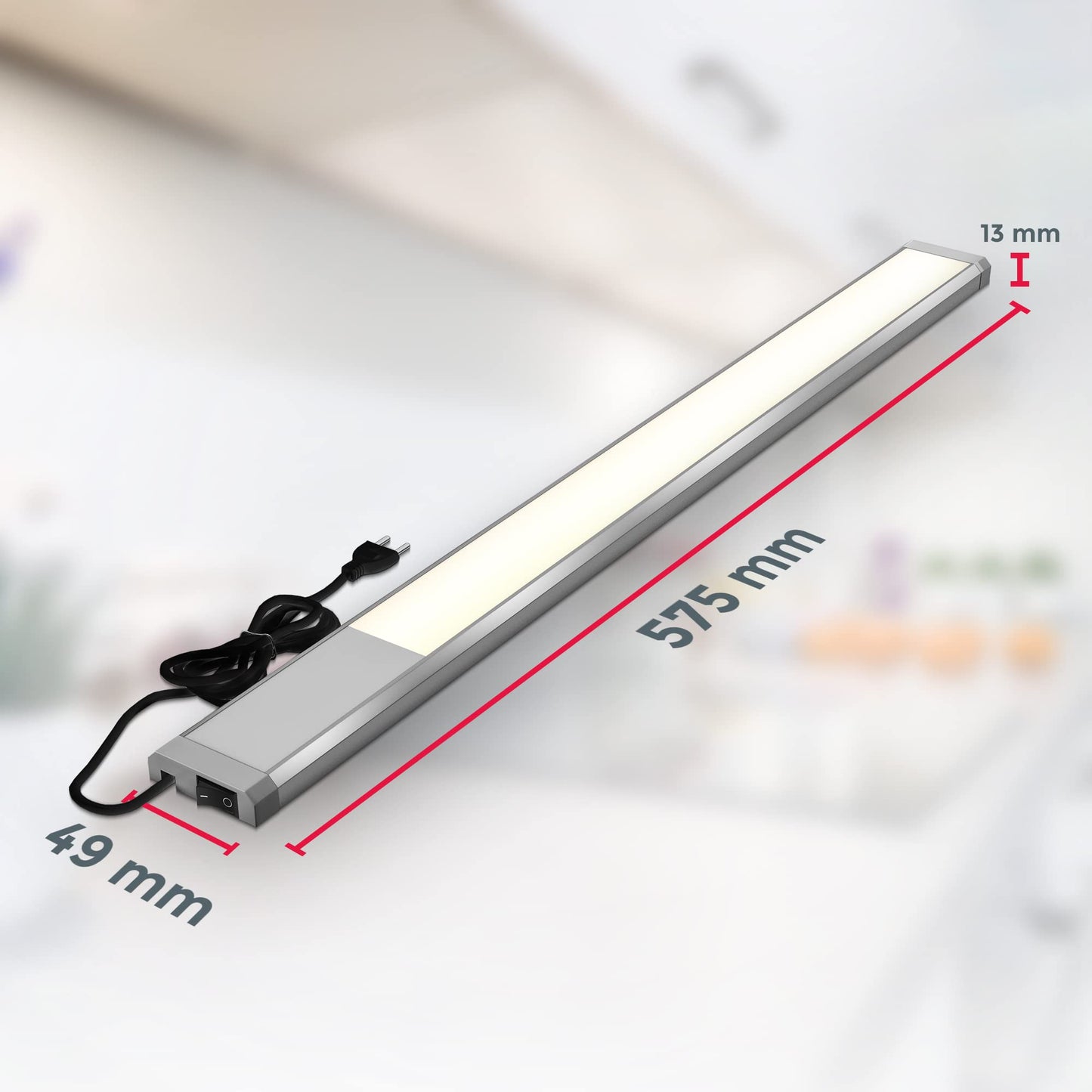 B.K.Licht - LED Strip with On/Off Switch, Warm White Light Colour, Includes Plug Cable, Under-Unit Light, Kitchen, LED Light Strip, Kitchen, Cabinet Lighting, Kitchen Lamp, 57.5 x 4.9 x 1.3 cm, Titanium-Coloured