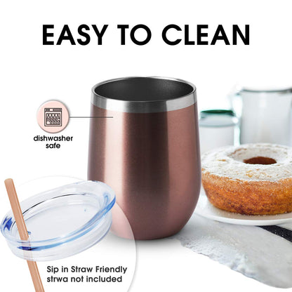 HASLE OUTFITTERS 12oz Wine Tumbler with Lid Stemless Wine Glasses Double Wall Vacuum Travel Mugs stainless steel Coffee Cup for Cold & Hot Drinks Wine Coffee Cocktails Beer 6 Pack Rose Gold