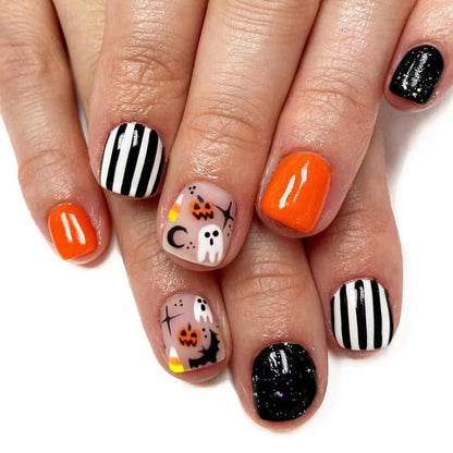 6 Packs (144 Pcs) Halloween Press on Nails Short Square, Almond Press on Nails, with Pumpkins Ghost Spider Web Design Stick on Fake Nails for Women - 12 Sizes, 6Styles