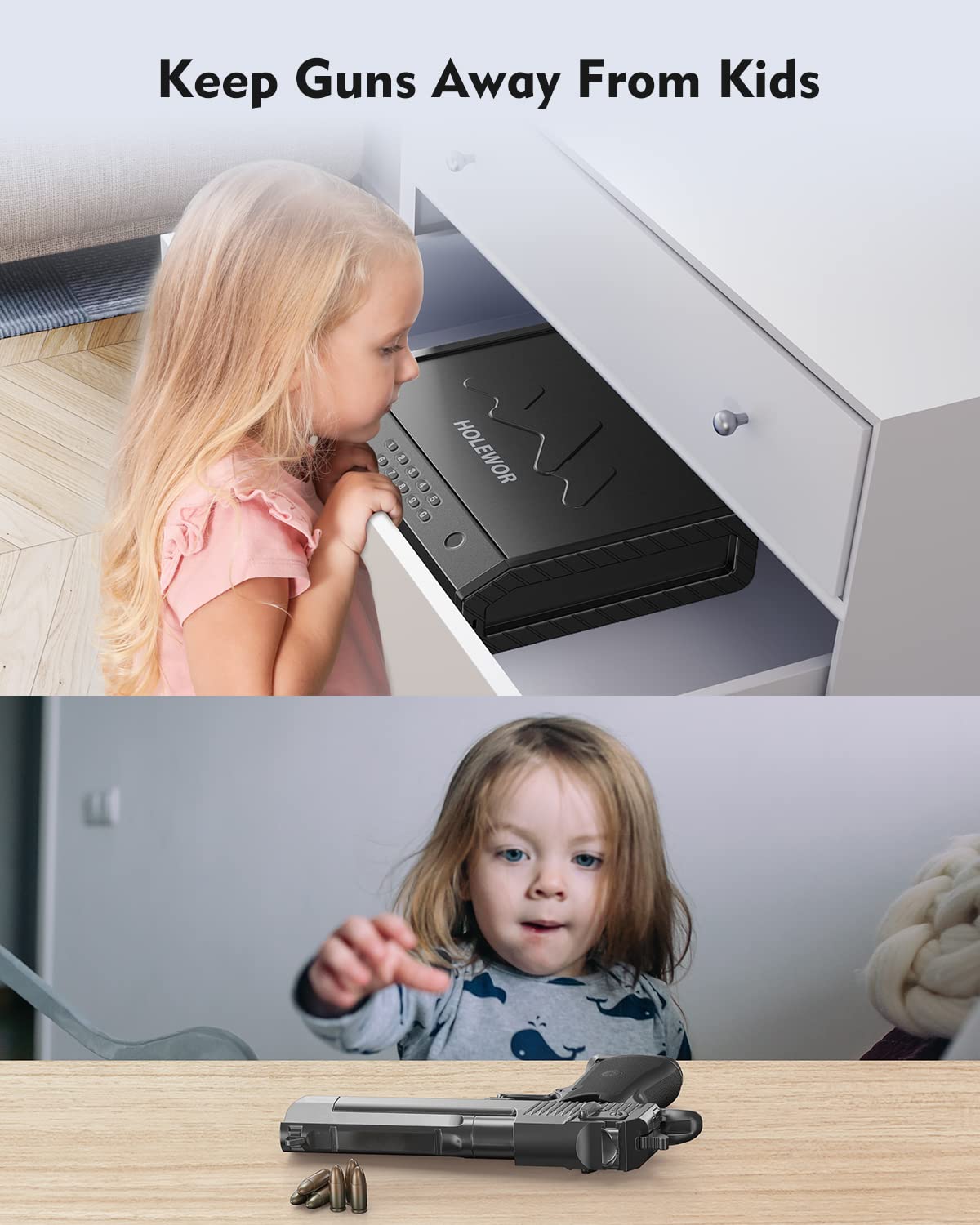 HOLEWOR Gun Safe, Biometric Gun Safes for Pistols with LCD Display of Temperature Humidity, Fingerprint Quick Access Pistol Safe Solid Handgun Safe with USB C Port