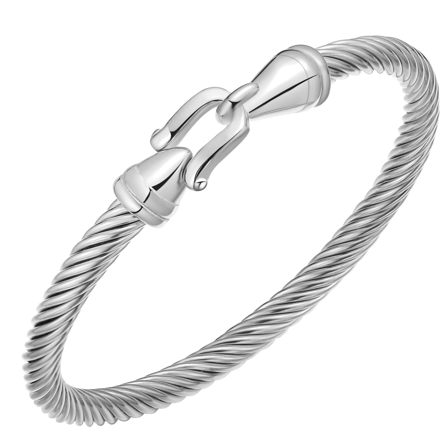 BOLAGTIER Stainless Steel Twisted Cable Wire Bracelets with Hook Adjustable Cuff Bangle Bracelet Vintage Jewelry Gift for Women (Silver, Medium)