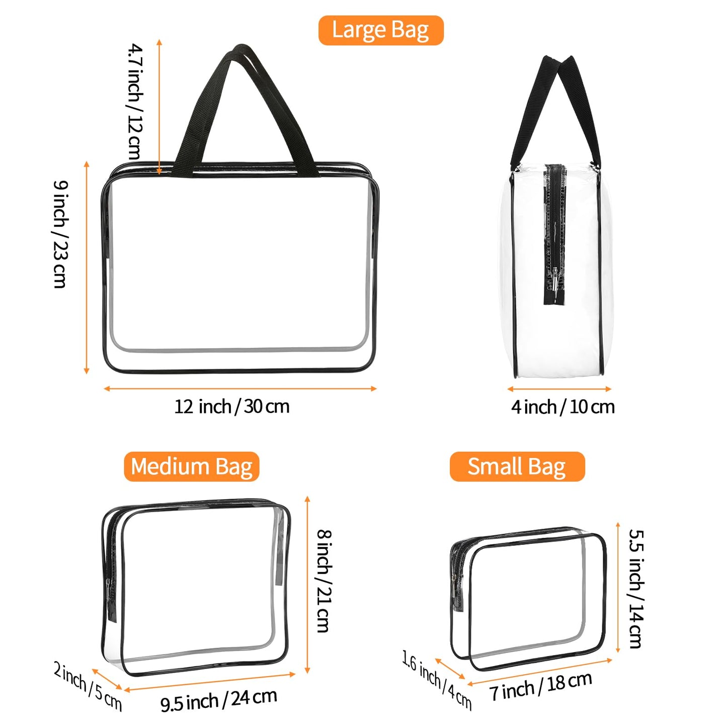 HAOGUAGUA 3 Pieces Large Clear Travel Bags for Toiletries, Waterproof Clear Plastic Cosmetic Makeup Bags, Transparent Packing Organizer Storage Bags (Black)