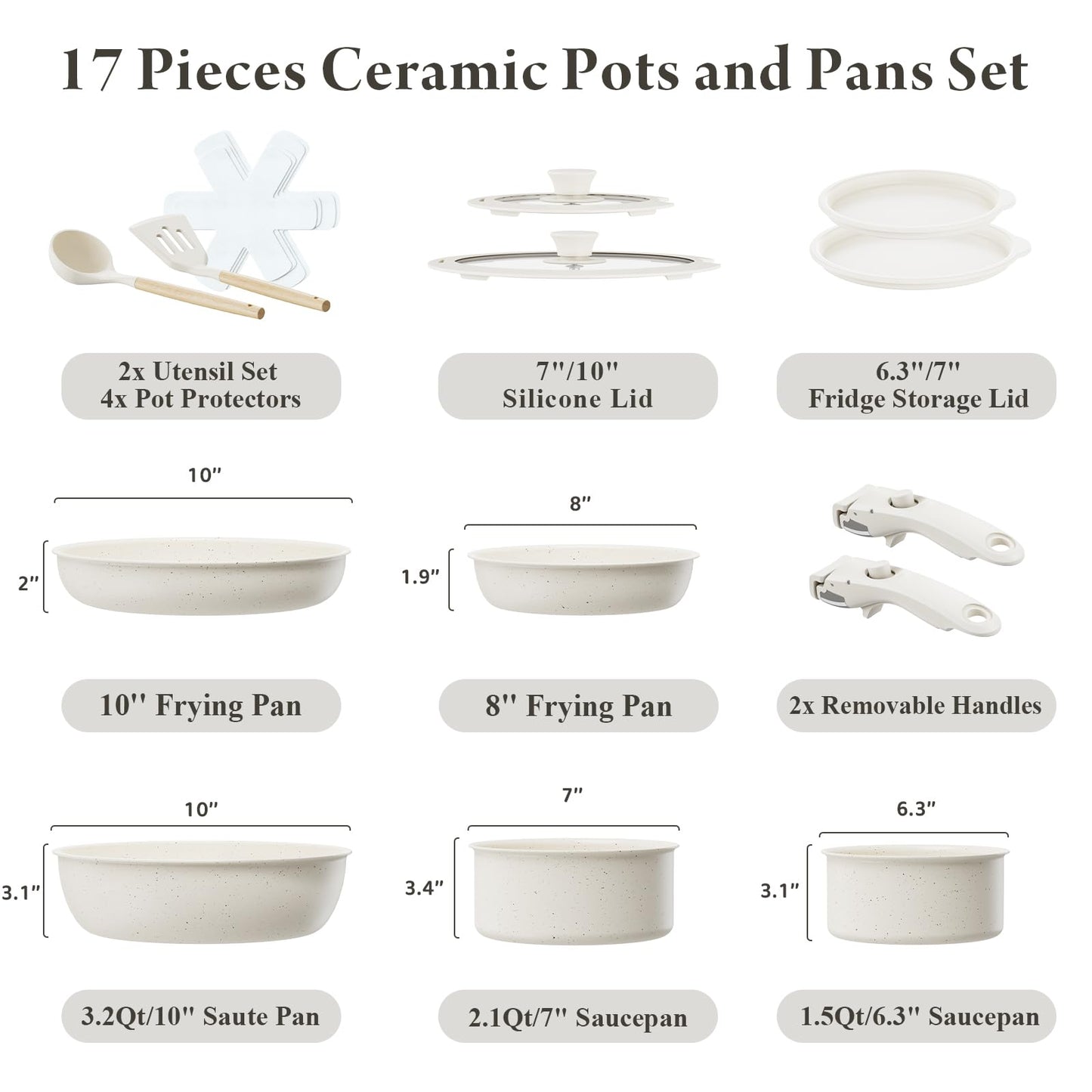 Bazova Ceramic Nonstick Cookware Set, Healthy,Non Toxic,17-Pieces Pots and Pans Set Removable Handles,Induction RV Kitchen Set,Stain & Scratch-resistant,Dishwasher/Oven Safe,PFAS/PFOA Free,Cream White
