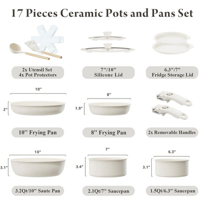 Bazova Ceramic Nonstick Cookware Set, Healthy,Non Toxic,17-Pieces Pots and Pans Set Removable Handles,Induction RV Kitchen Set,Stain & Scratch-resistant,Dishwasher/Oven Safe,PFAS/PFOA Free,Cream White