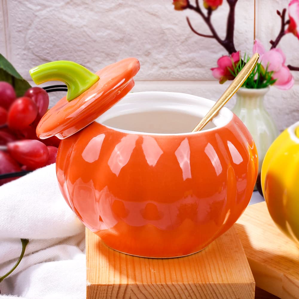 Whitenesser Porcelain Sugar Bowls with Lid and Spoons, Pumpkin Shape Ceramic Salt Bowl for Home and Kitchen Elegant Design Orange 10.5 OZ (300 ML)