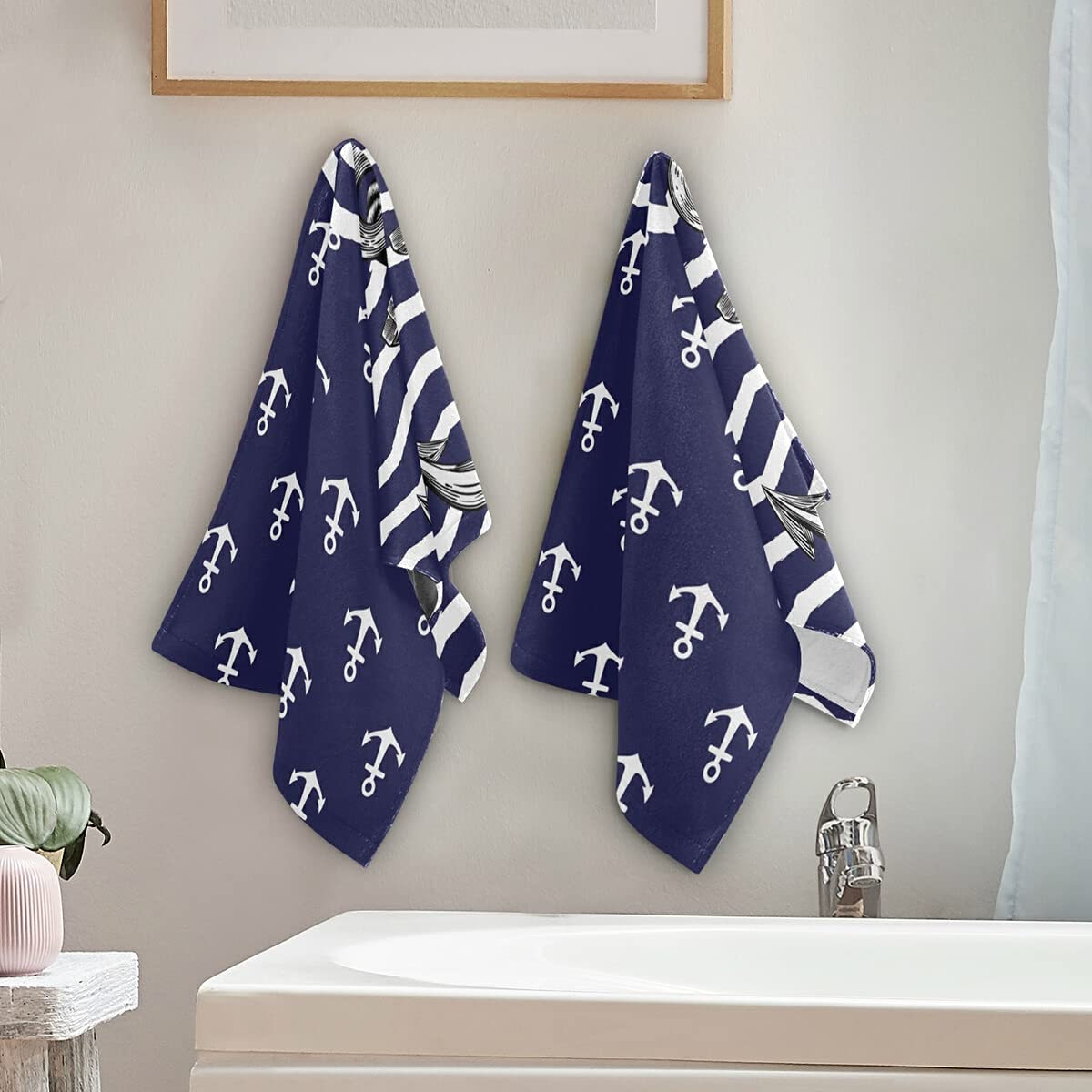 Anchor Bath Hand Towel 2 Pcs Absorbent Nautical White Stripe Hand Towels Sea Anchors Navy Blue Face Towel Soft Breathable Anchor Fingertip Towel for Bathroom Kitchen Hotel Spa Decor Gift 28.3x14.4in