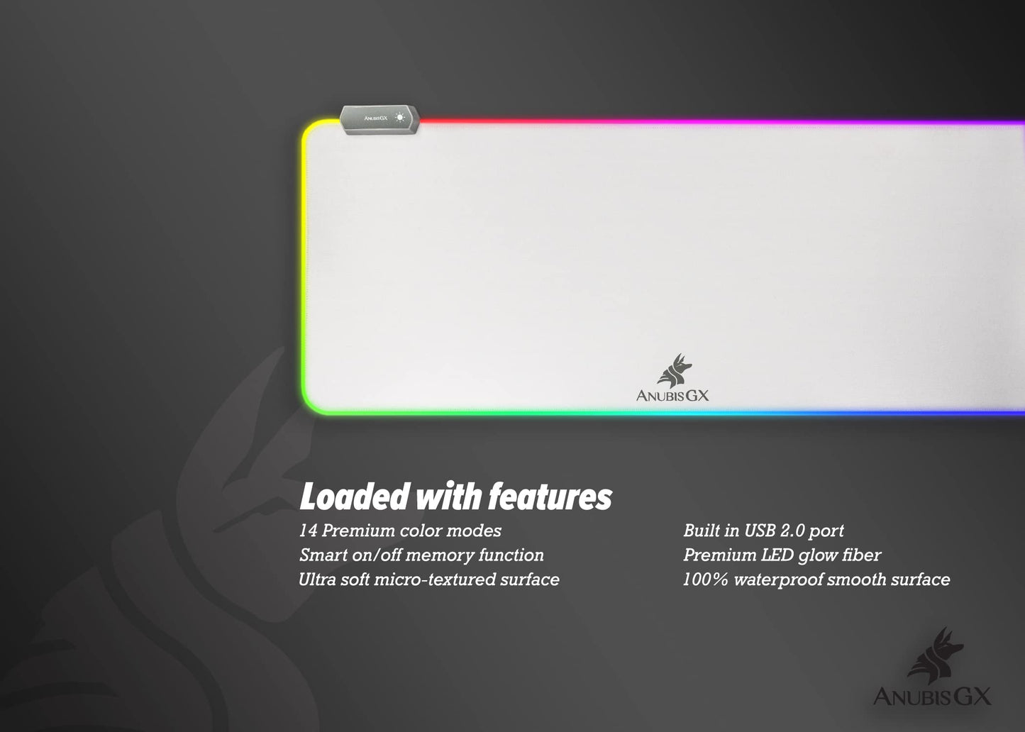 AnubisGX White RGB Mouse Pad | Premium XL Waterproof Computer Gaming Desk Mat | 14 Glowing LED Settings | XXL Extended Non-Slip Gamer Mousepad | 31.5 x 11.8 in