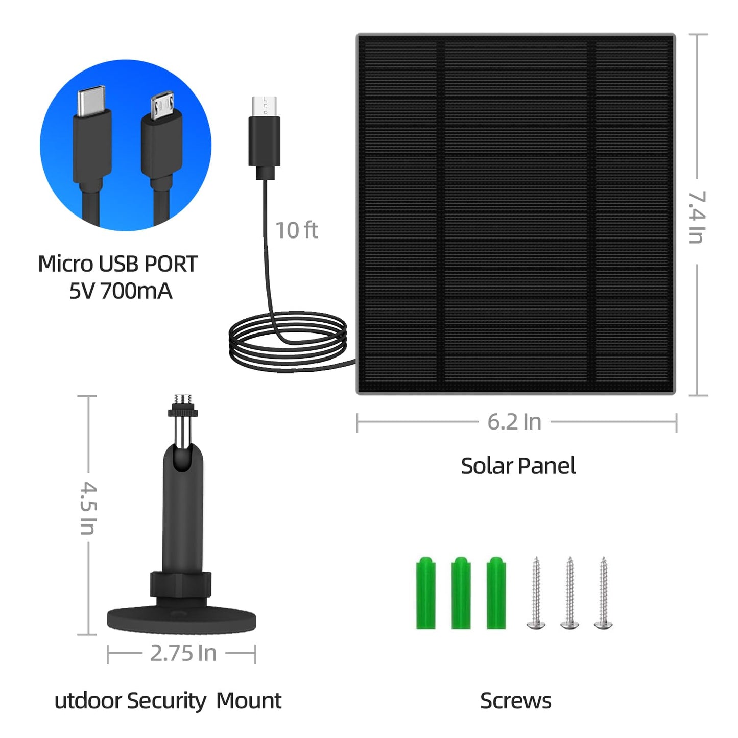2PC 5W Solar Panel for Security Camera, Solar Panel with Micro USB & USB-C Port for DC 5V Outdoor Rechargeable Battery Camera, IP65 Waterproof, 360° Adjustable Security Mount, 9.8ft Cable(Black)