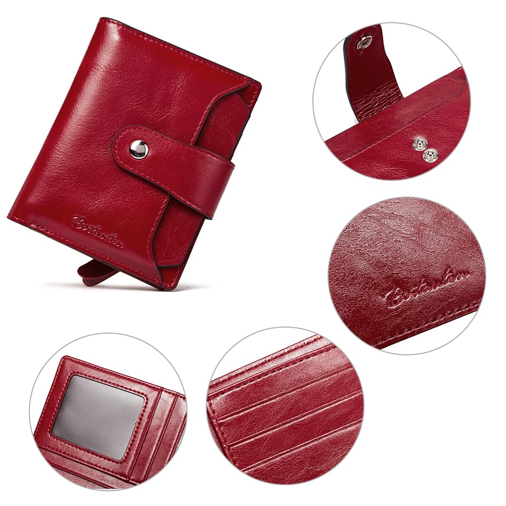 BOSTANTEN Women Leather Wallet RFID Blocking Small Bifold Zipper Pocket Wallet Card Case Purse with ID Window Red