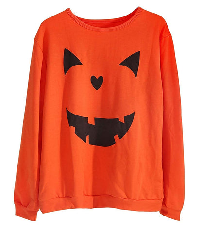 Women's Halloween Pumpkin Face Long Sleeve Sweatshirts Casual Pullover Tops size Large (Orange)