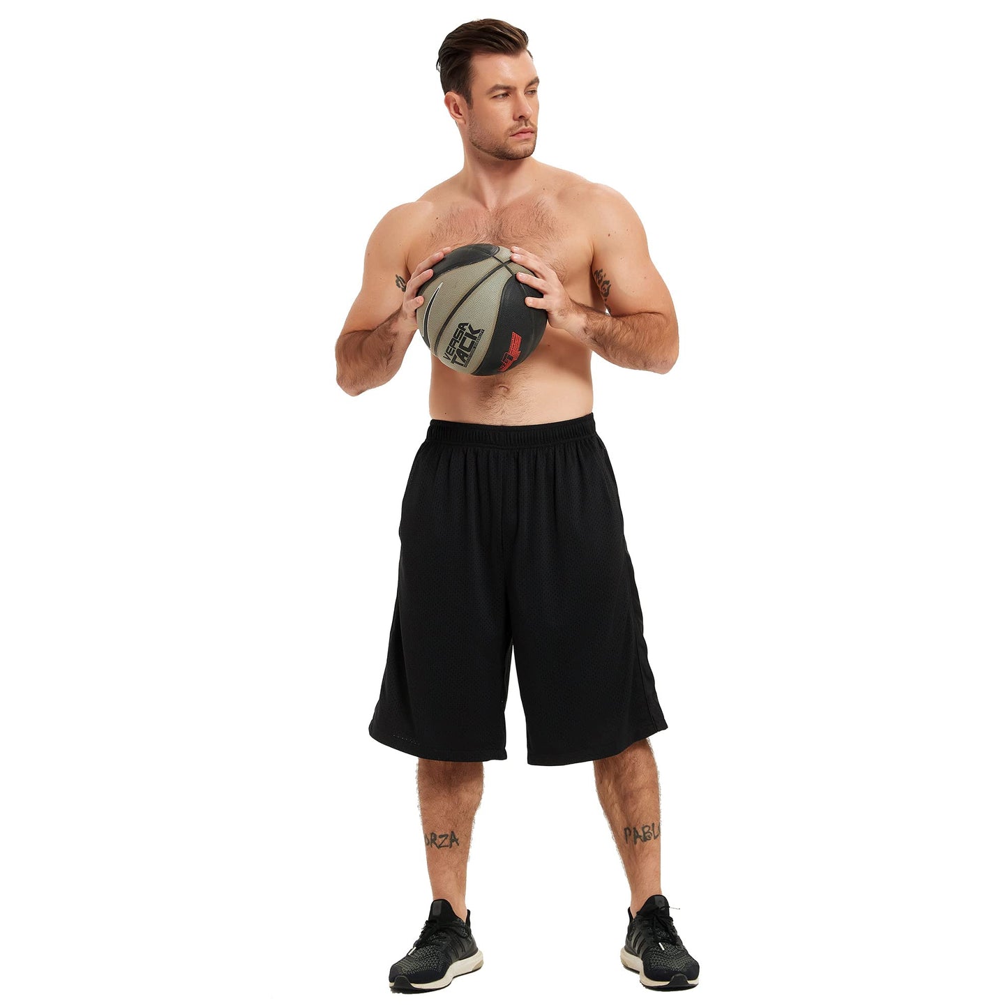 HQUEC Men's 12" Basketball Shorts Long Athletic Workout Gym Mesh Shorts Below Knee Loose-Fit with Pockets Black M